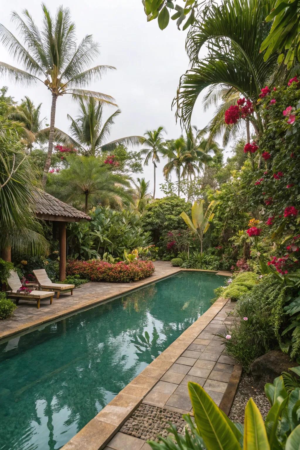 Vibrant tropical plants designing an exotic, vacation-like poolside.