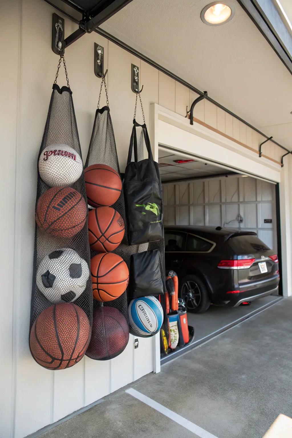 Mesh bags provide a simple solution for organizing sports balls.