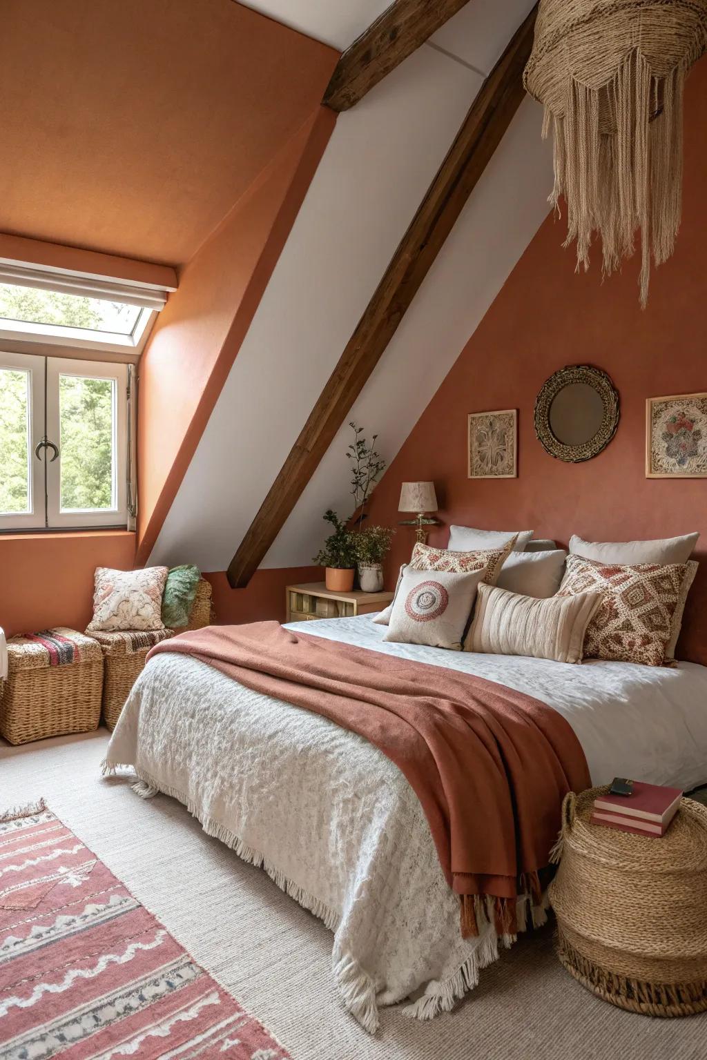 A warm and welcoming embrace envelops this bedroom thanks to its warm hues.