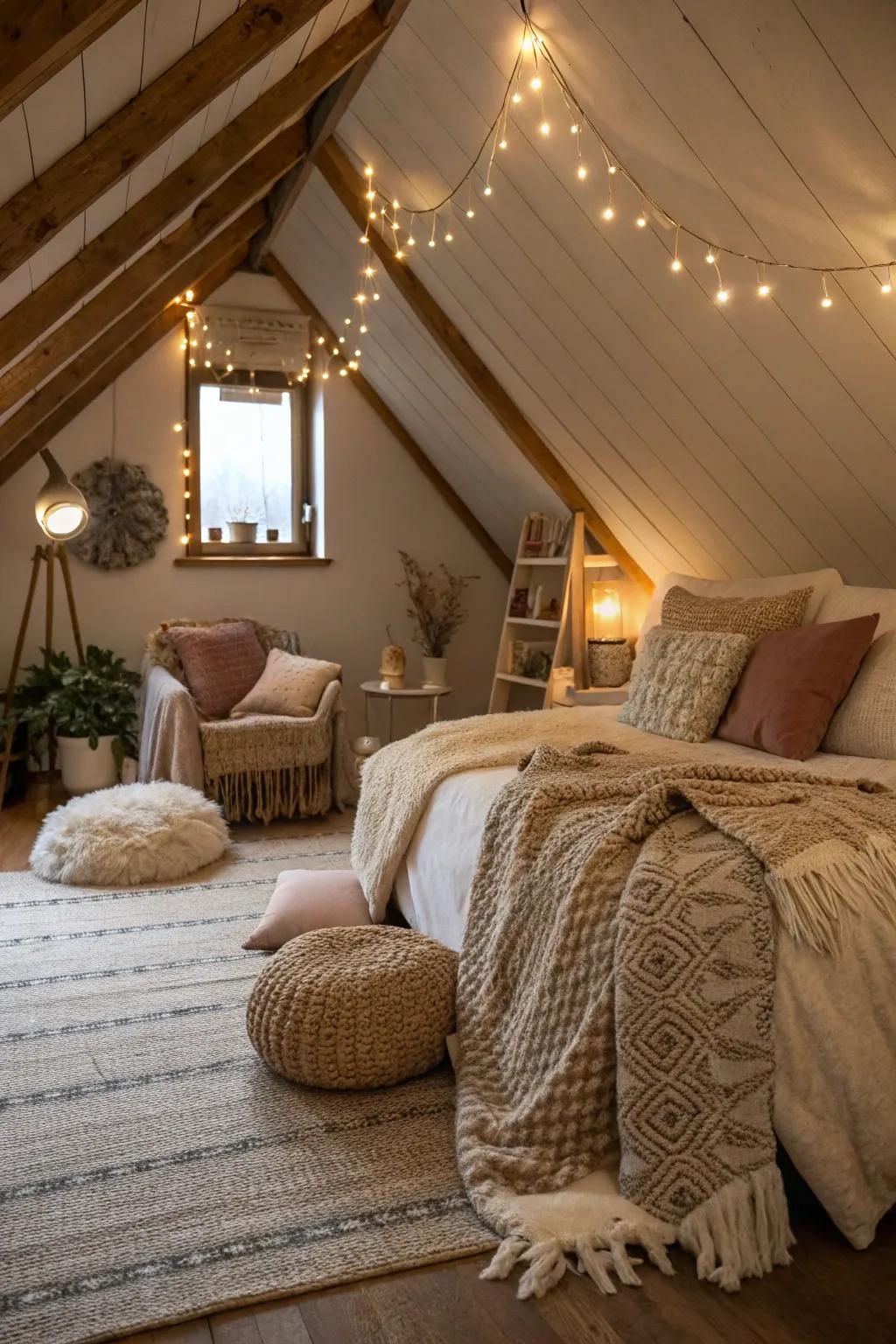 Varied illumination creates a cozy ambiance in this attic bedroom.