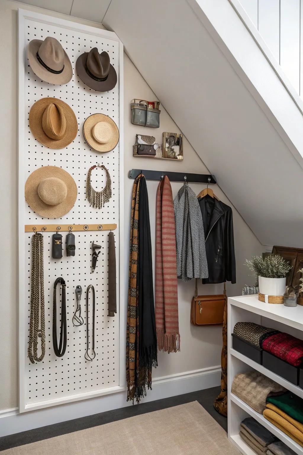 Pegboards offer flexible storage solutions.