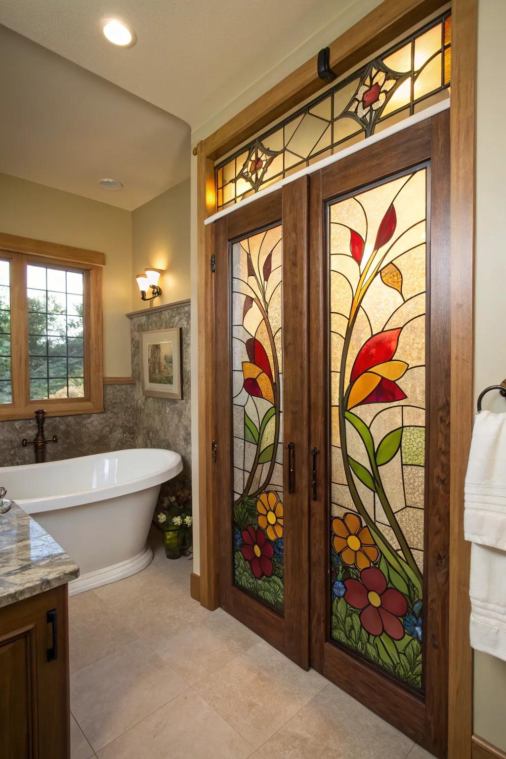 This bathroom is made more artistically unique by the use of stained glass sliding doors.