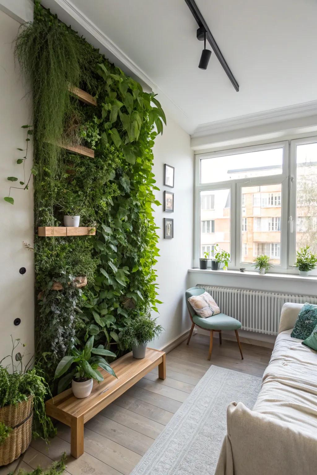 A wall-climbing garden adds greenery without occupying floor area.
