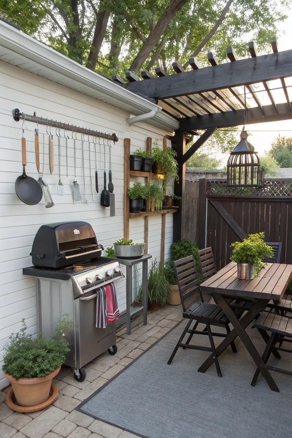 Efficient overhead storage keeps a small patio organized.