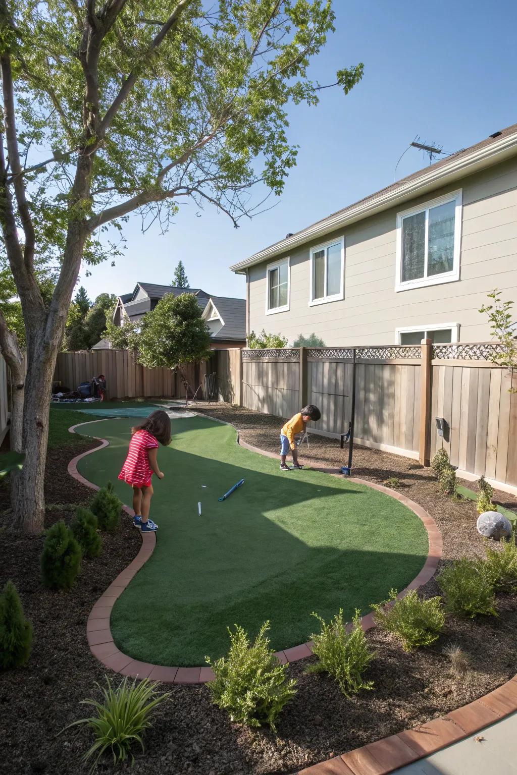 A putting green that doubles as a versatile family play area.