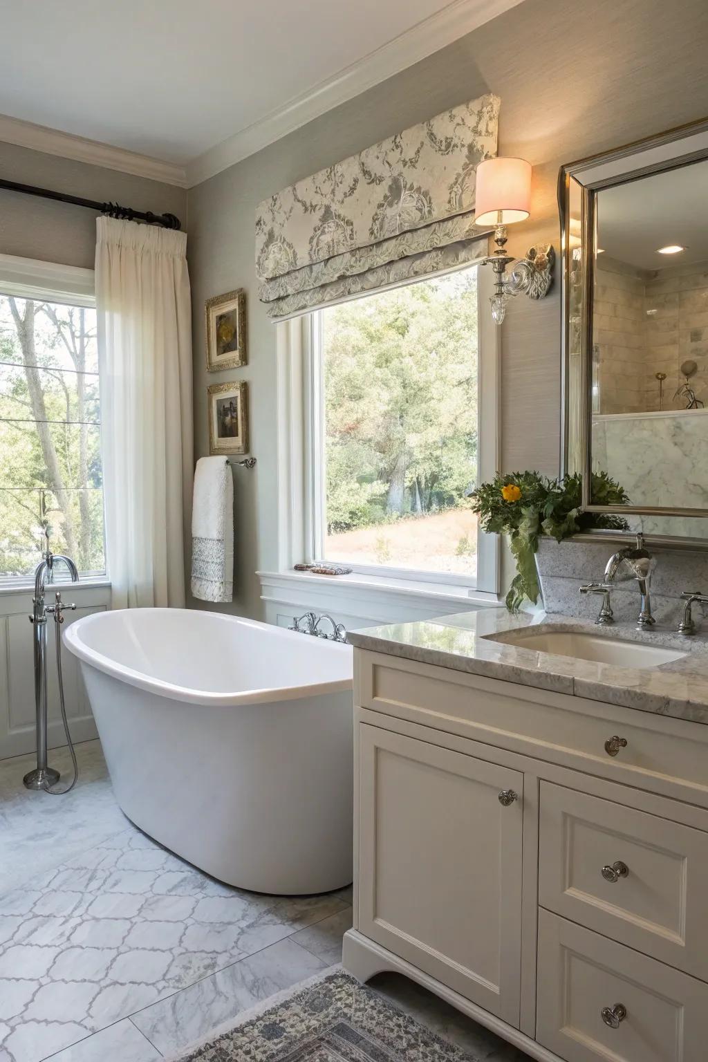 A small bathroom with a freestanding tub as a focal point.
