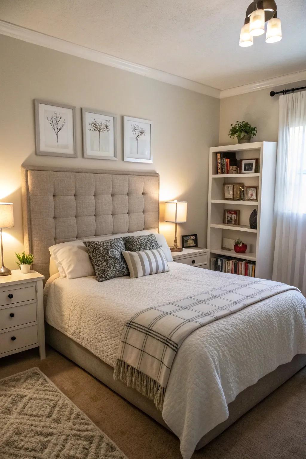 A small bedroom with a headboard that has been made longer to give the appearance that the room is wider.
