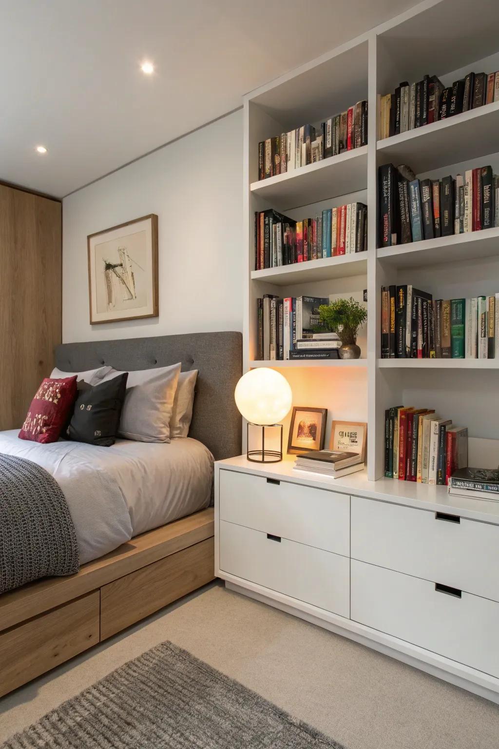 A built-in bedside nook offers integrated storage within the bed.