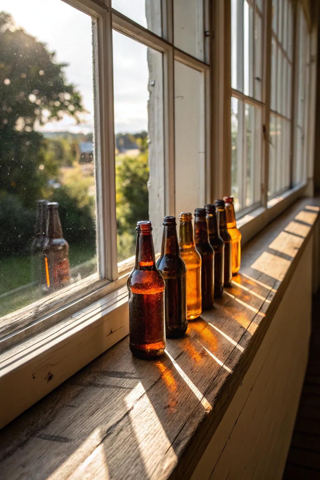 Window ledge beverage display capturing light.