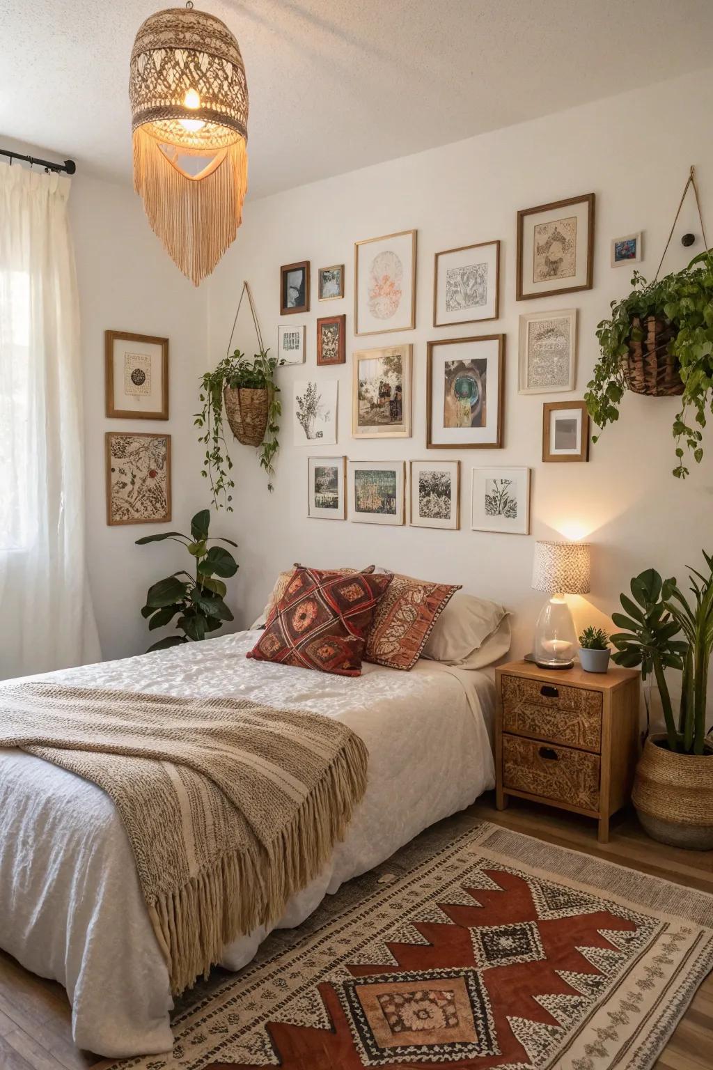 A gallery wall introduces a personal and eclectic touch to this boho bedroom