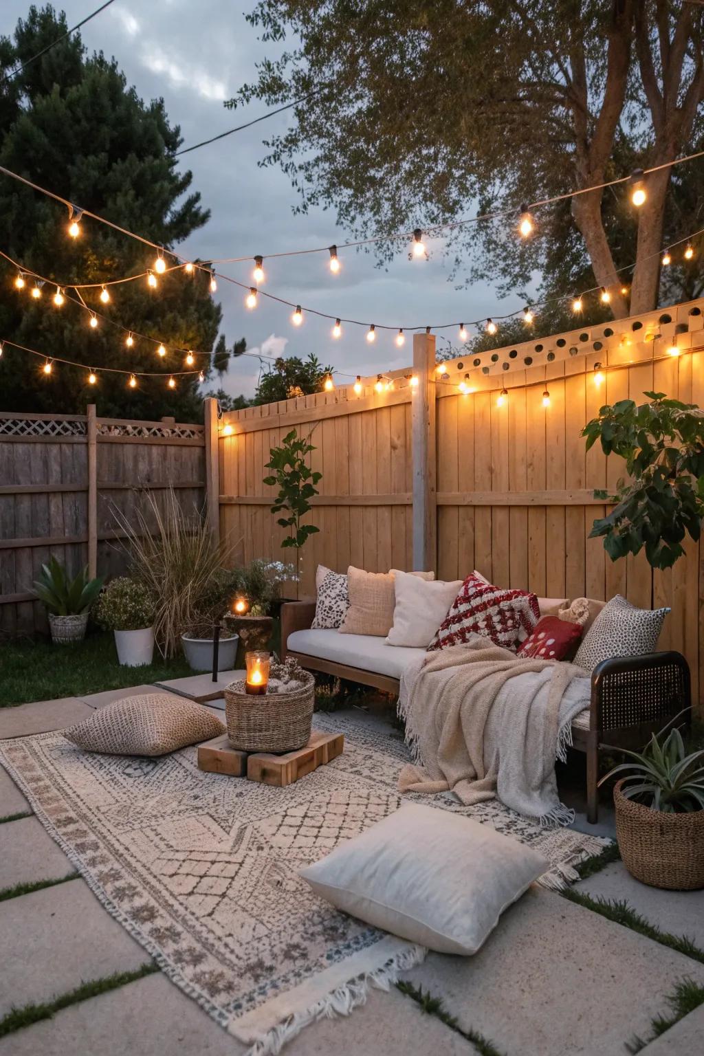 Starlight accents add a whimsical touch to the patio.