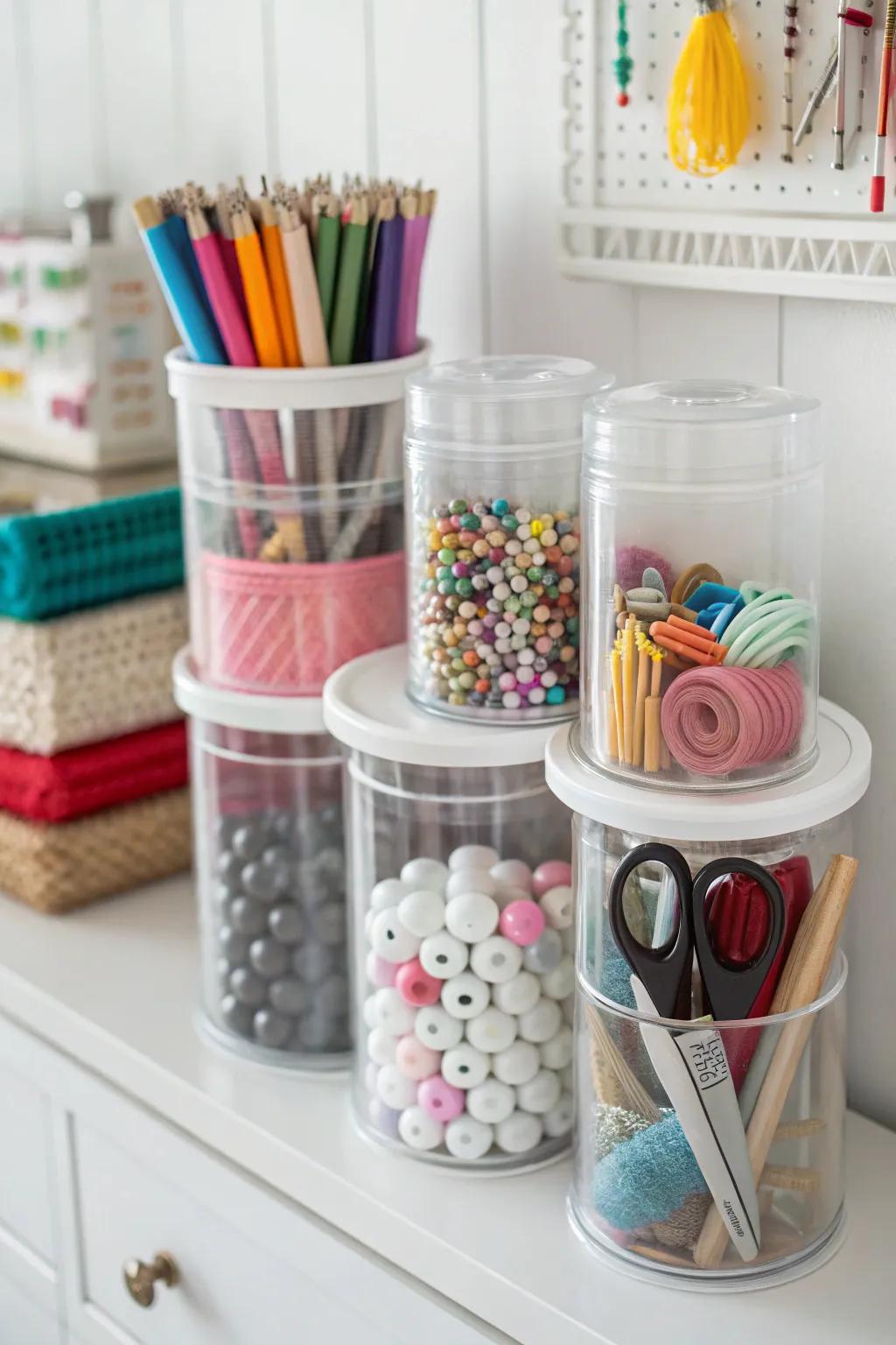 Clear containers make it easy to find and get to your crafting materials.