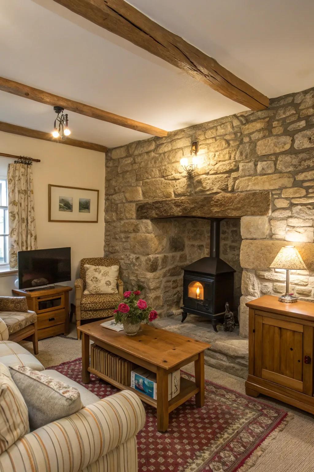 A stone wall detail adds a rugged charm to this cottage living space.