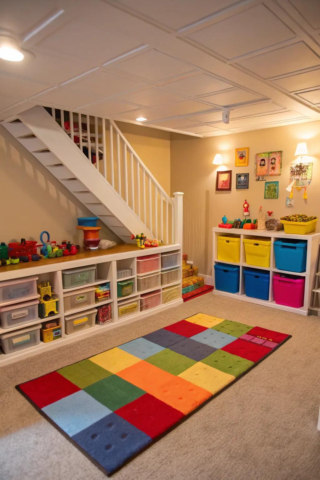 Design a lively and organized playroom for children in the basement.