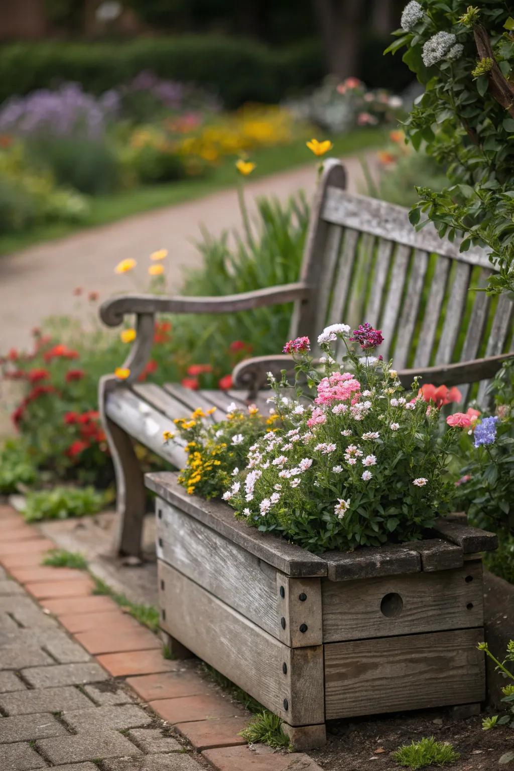 An inviting compact flower bed warmly arranged around a rustic bench.