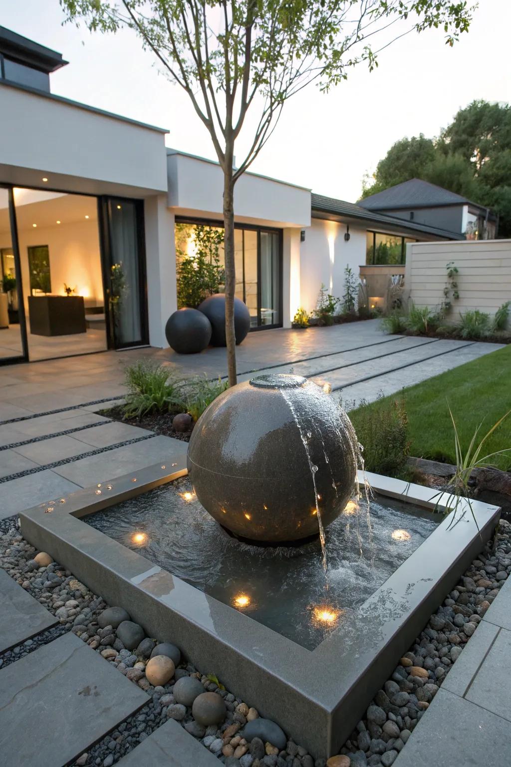 A floating sphere fountain captivates with its unique presence.