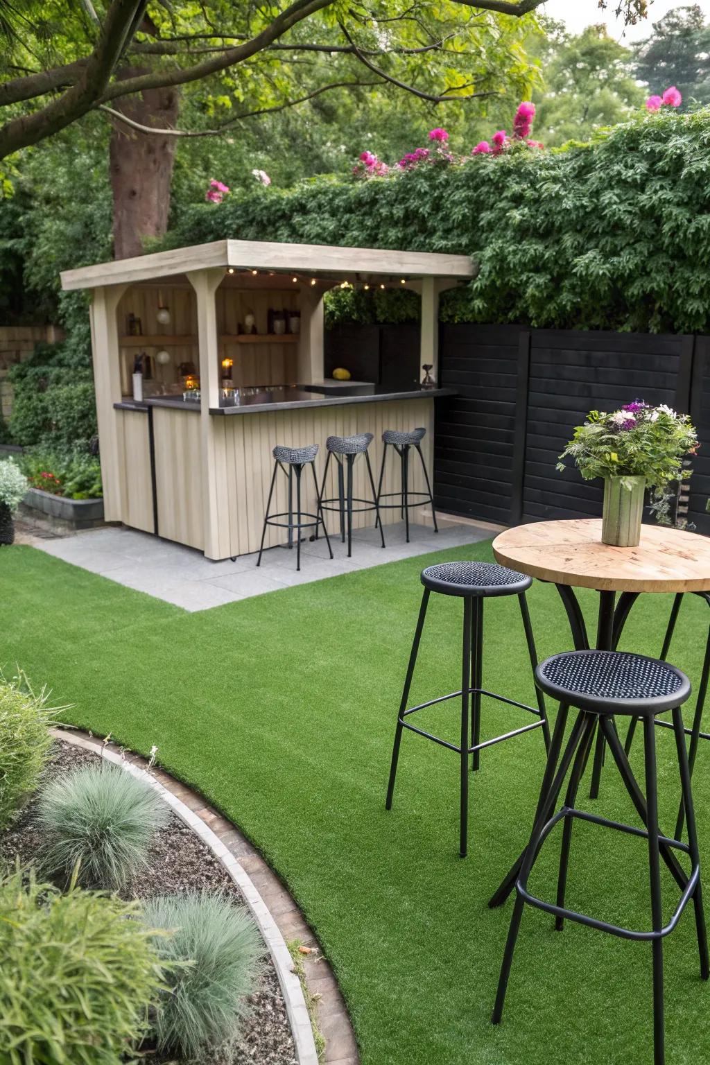 A lively garden bar area with artificial turf.