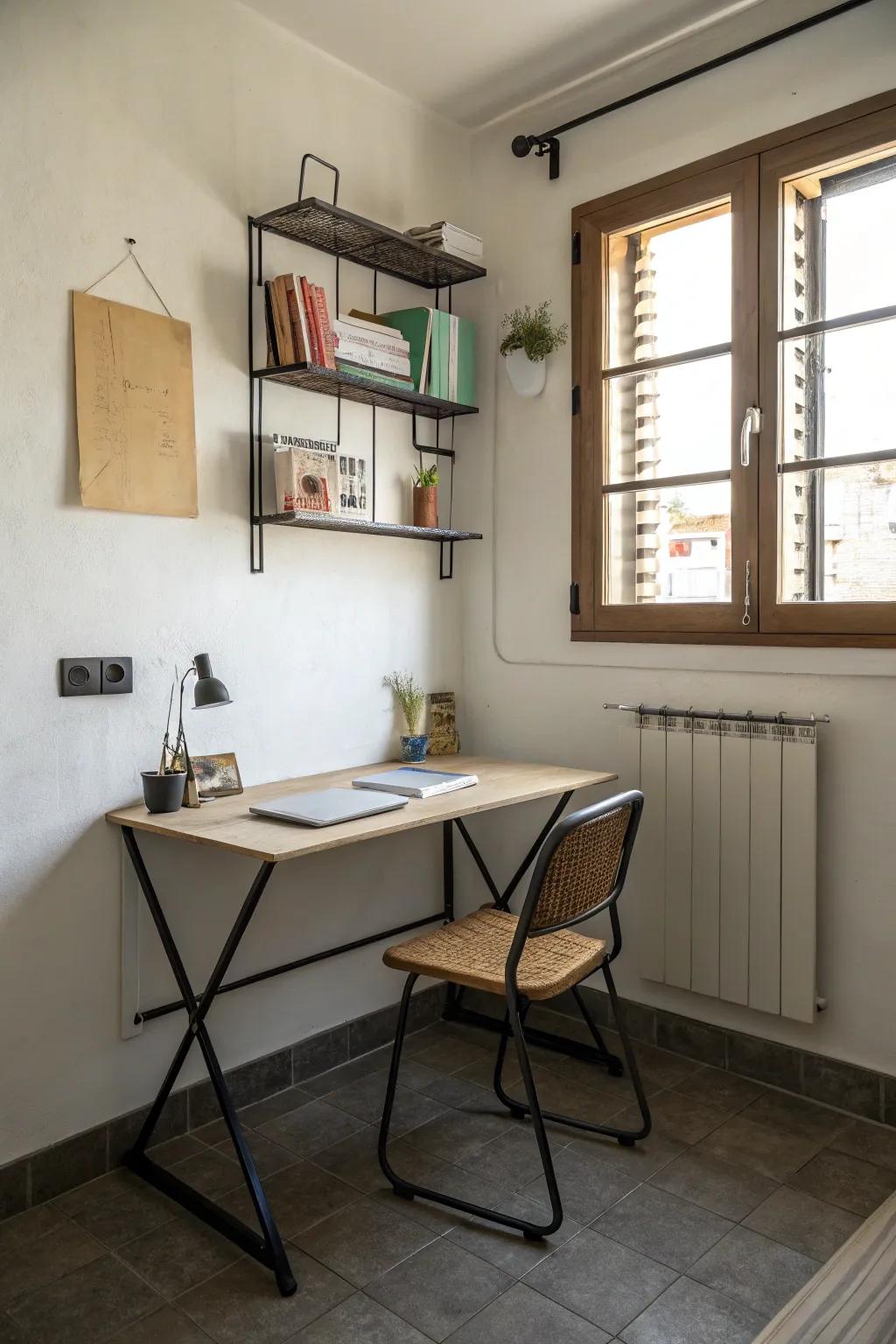 Wall-mounted desks offer a functional workspace.