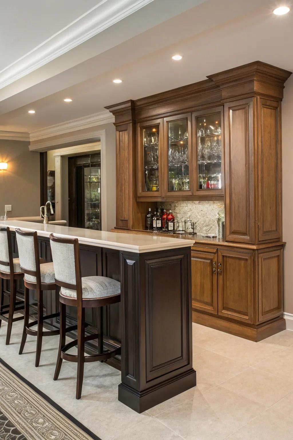 Dual-tone storage adds depth and style to your home bar.