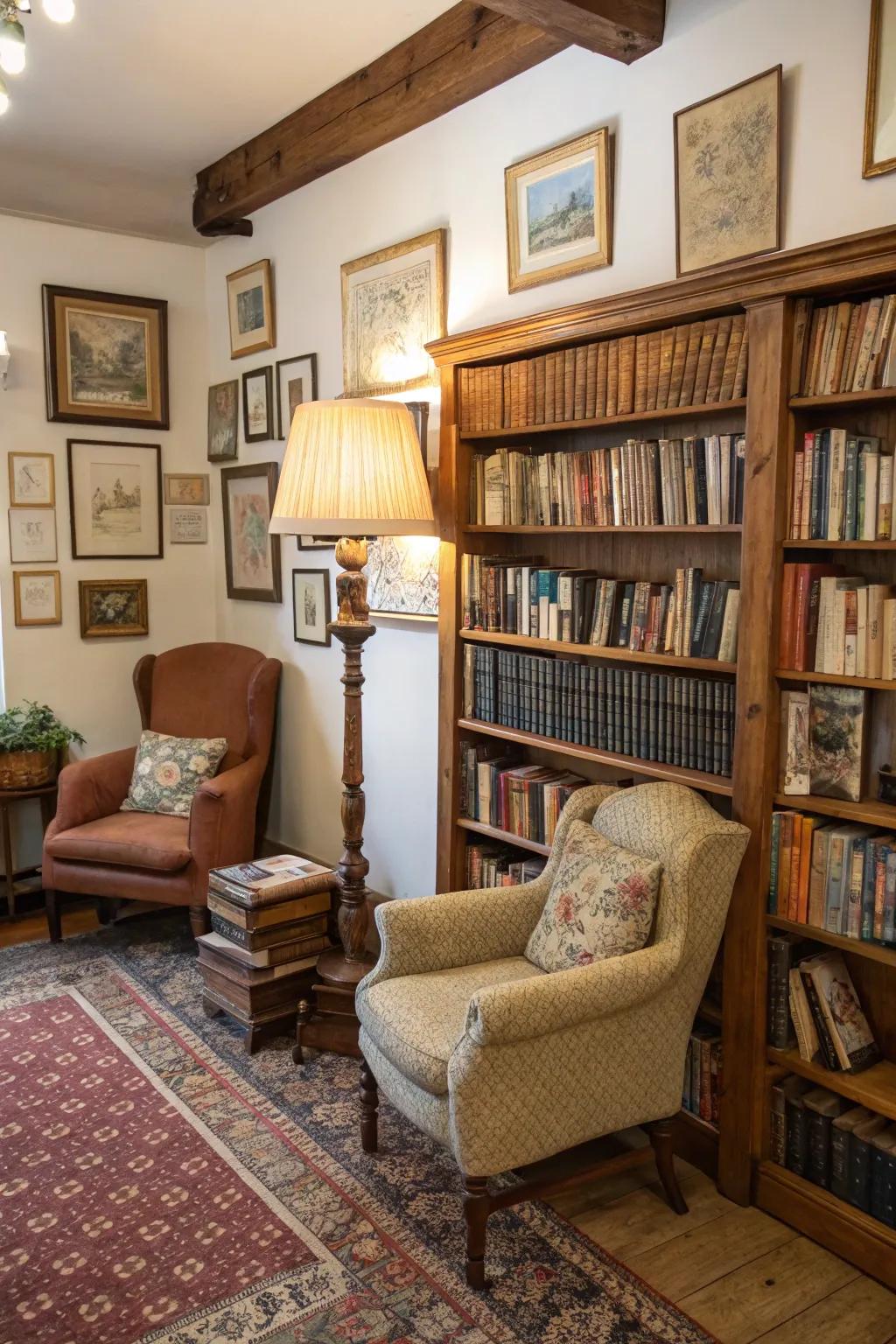 Library character and historical depth are enhanced through vintage decor.