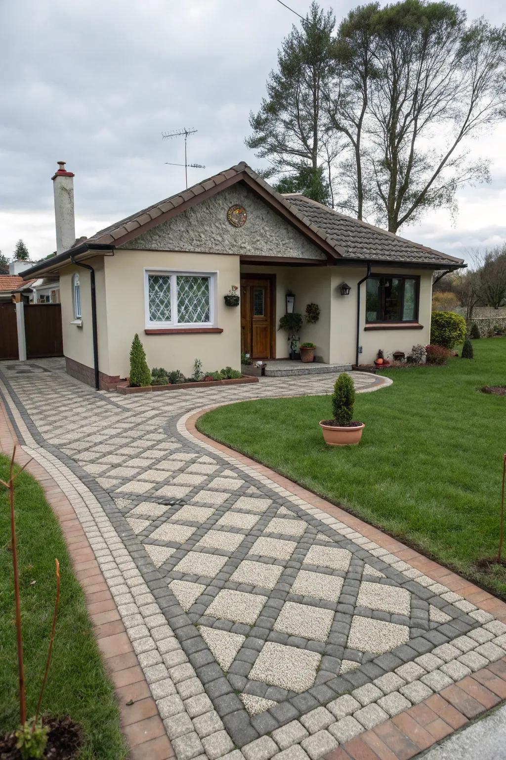 An artistic driveway transforms a functional area into a statement piece.