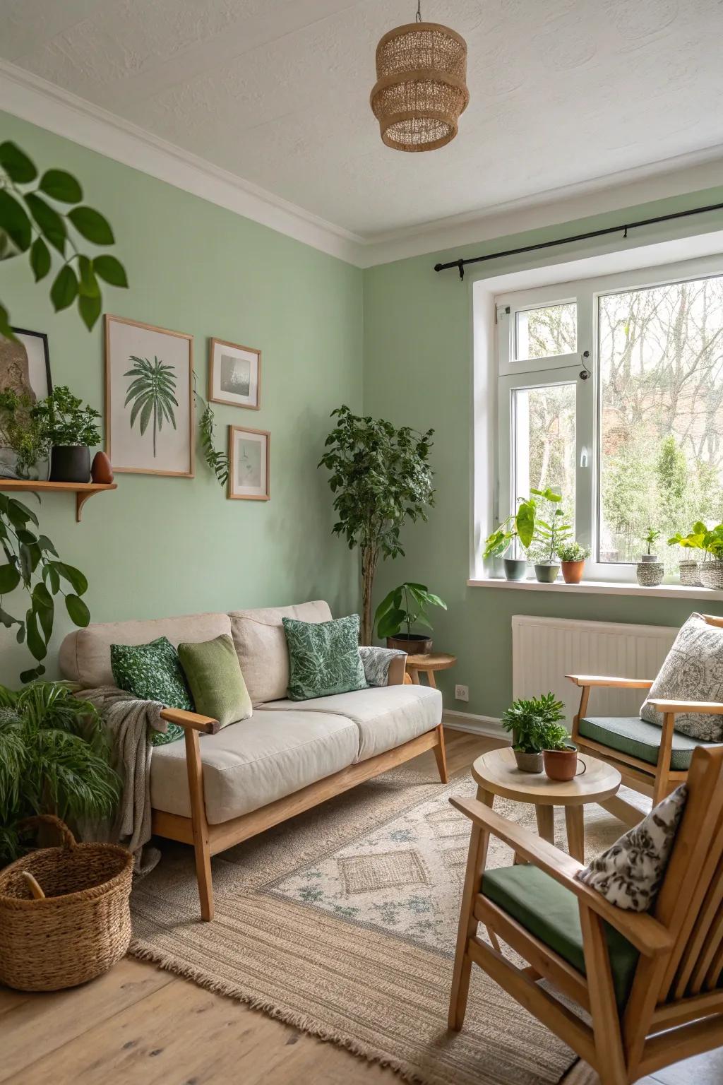 A small living room featuring gentle green walls to inspire tranquility.