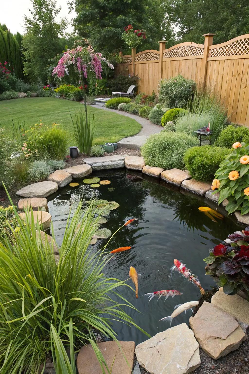 A lush plant surround enhances the natural beauty of this fish haven.