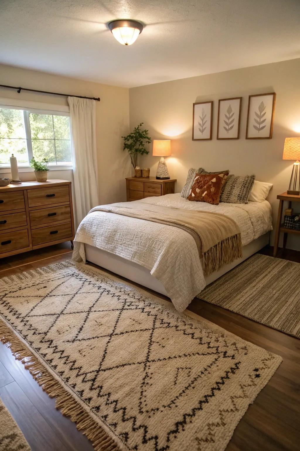 Layered floor coverings add texture in a small master bedroom.