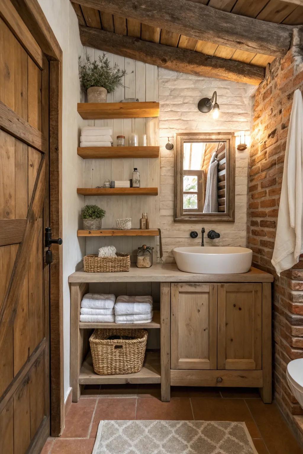 Exposed shelving provides both storage and display in a country bathroom.