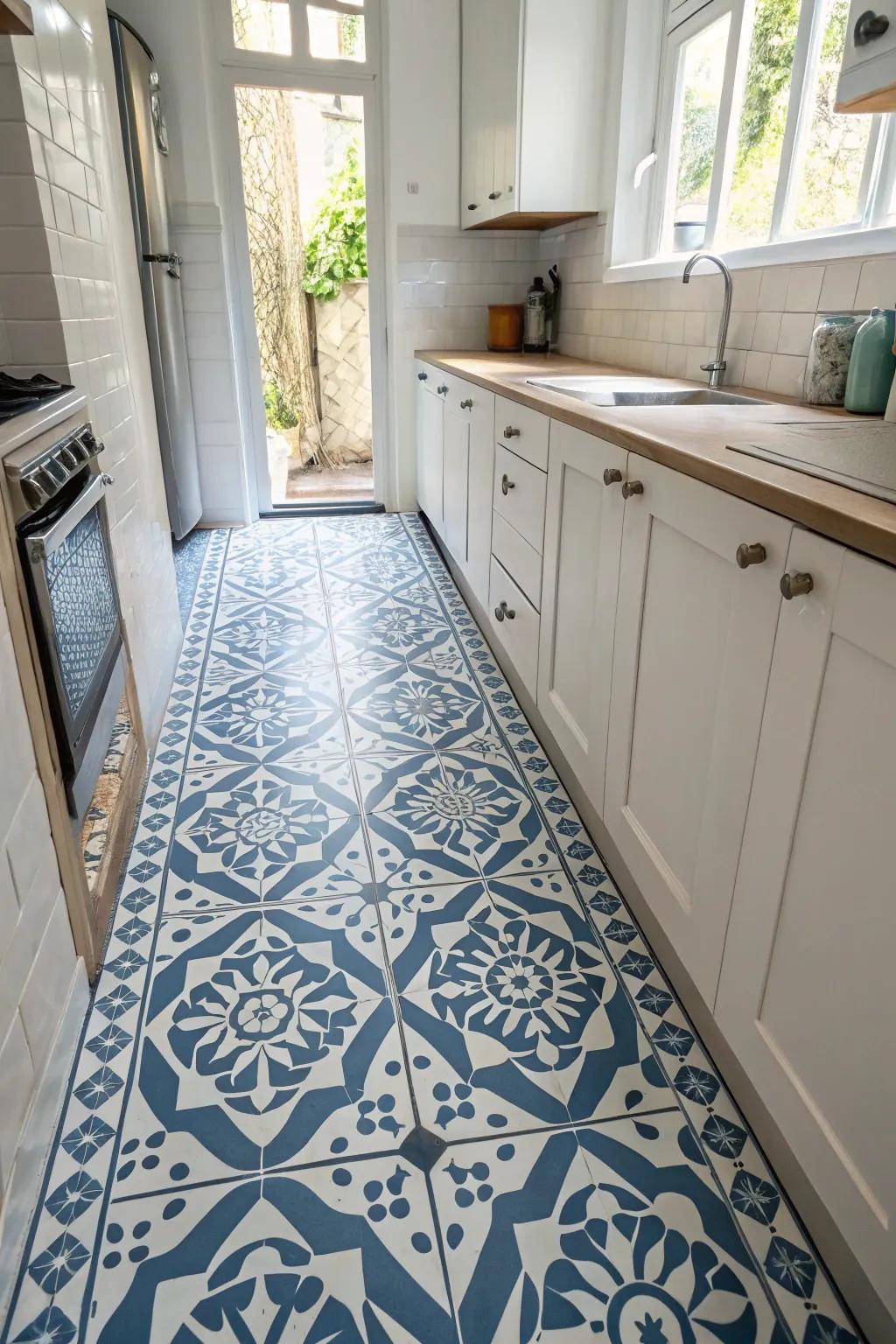 A distinctive touch is added to this small kitchen by patterned floors.
