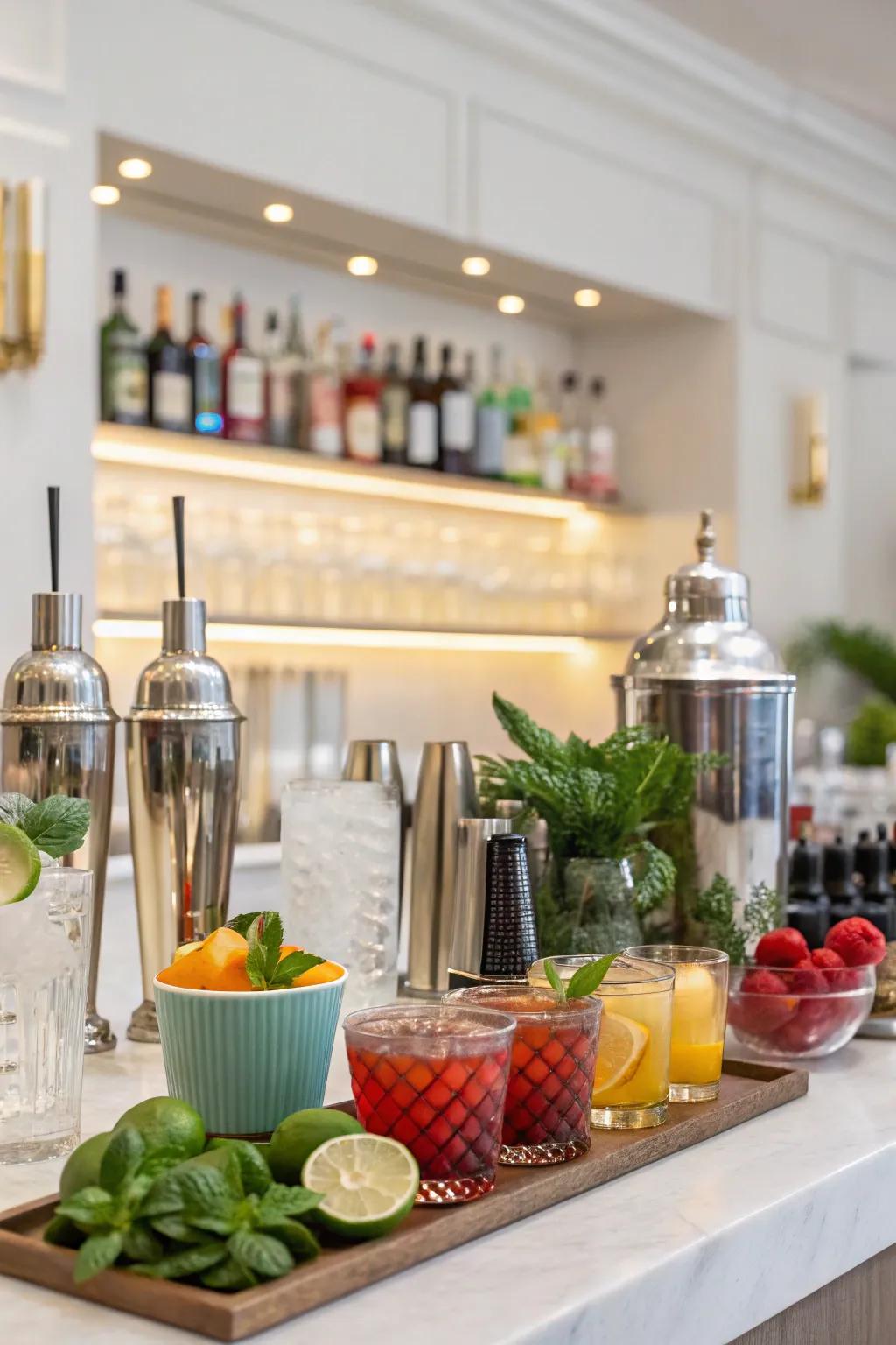A make-your-own drinks bar with ingredients for mixing personalized drinks.