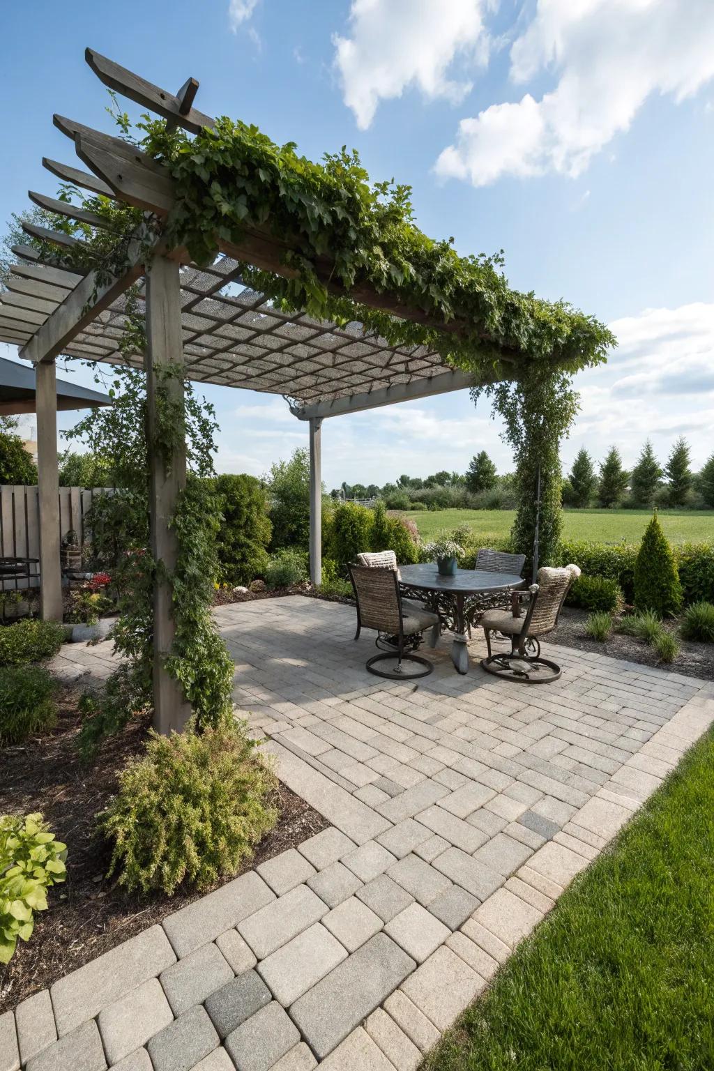 The experience of a small patio is improved by a beautiful pergola.