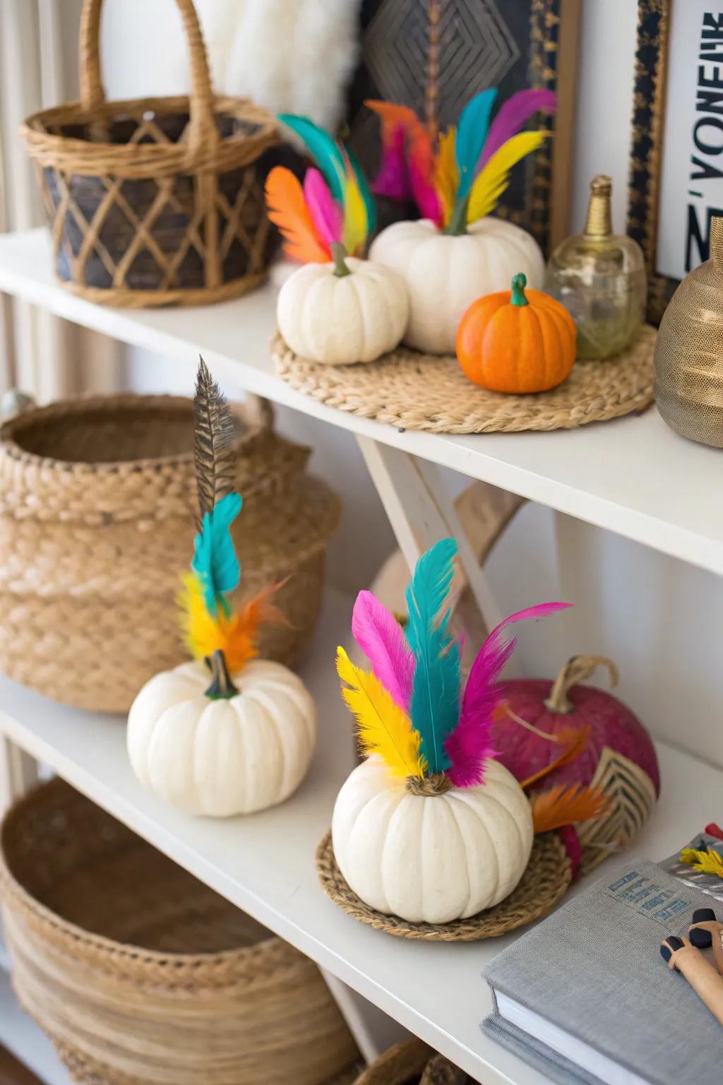 Feather-adorned pumpkins evoke a whimsical, boho vibe.