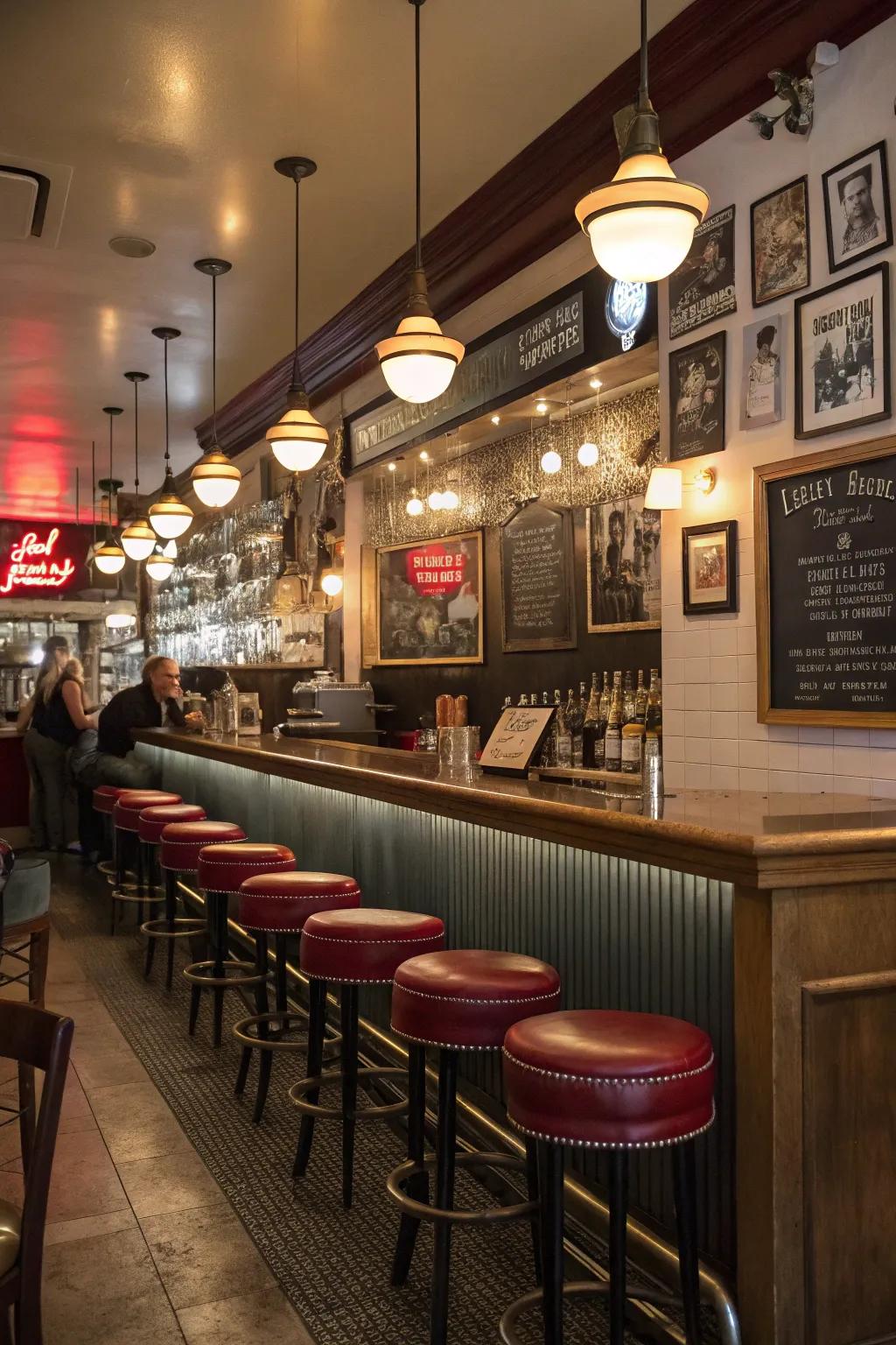 A cohesive theme such as retro chic is able to unify the design of a compact restaurant bar.