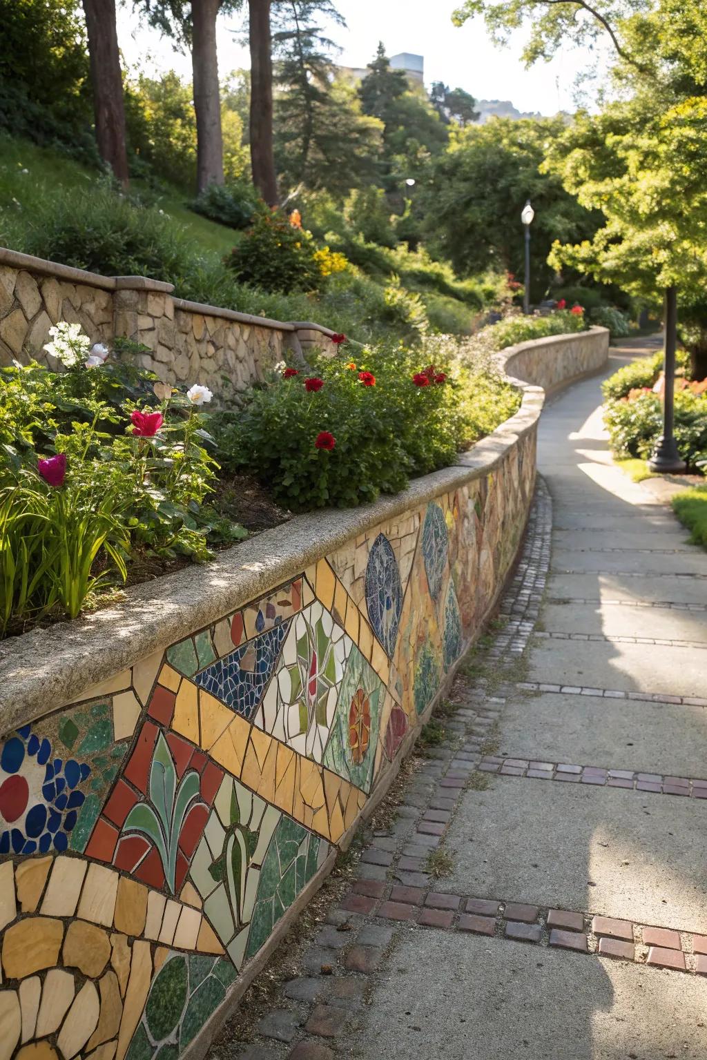 Mosaic designs transform retaining structures into artistic masterpieces.