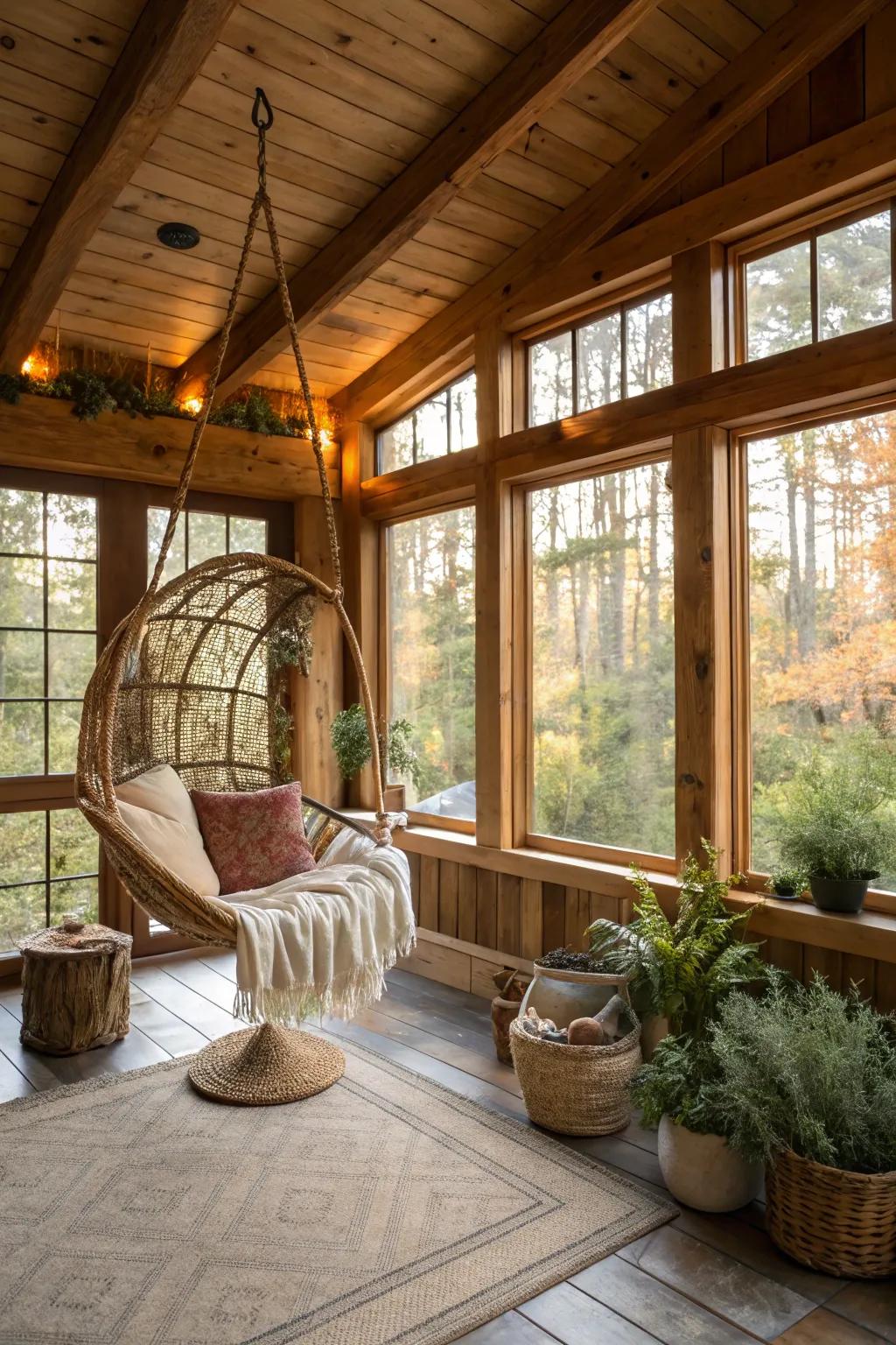 A swing chair adds a fun and relaxing touch to this country-style sunroom.