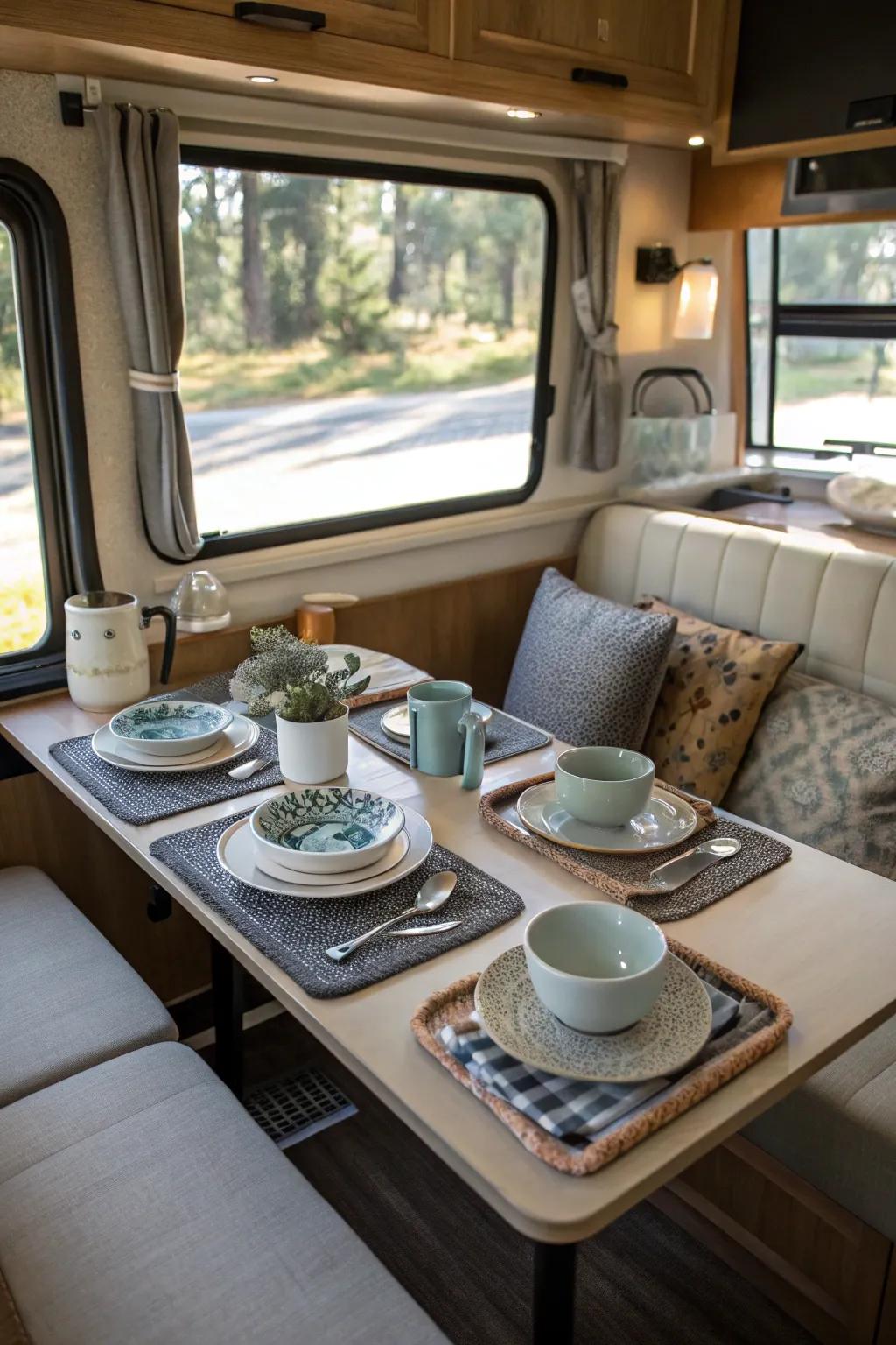 Stylish dinnerware can enhance your dining experience inside your RV.