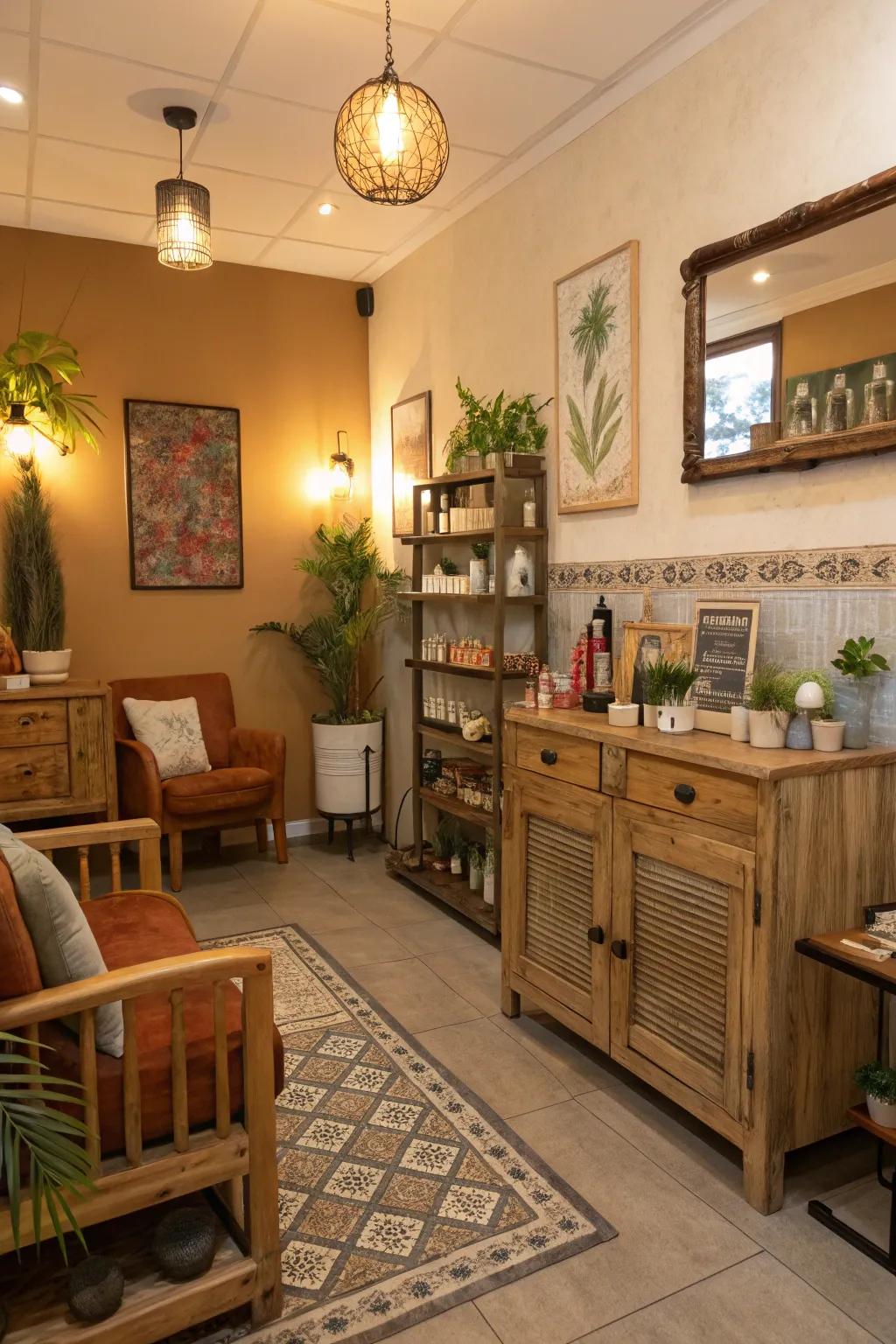 Handcrafted decor that gives the salon a distinctive personality.