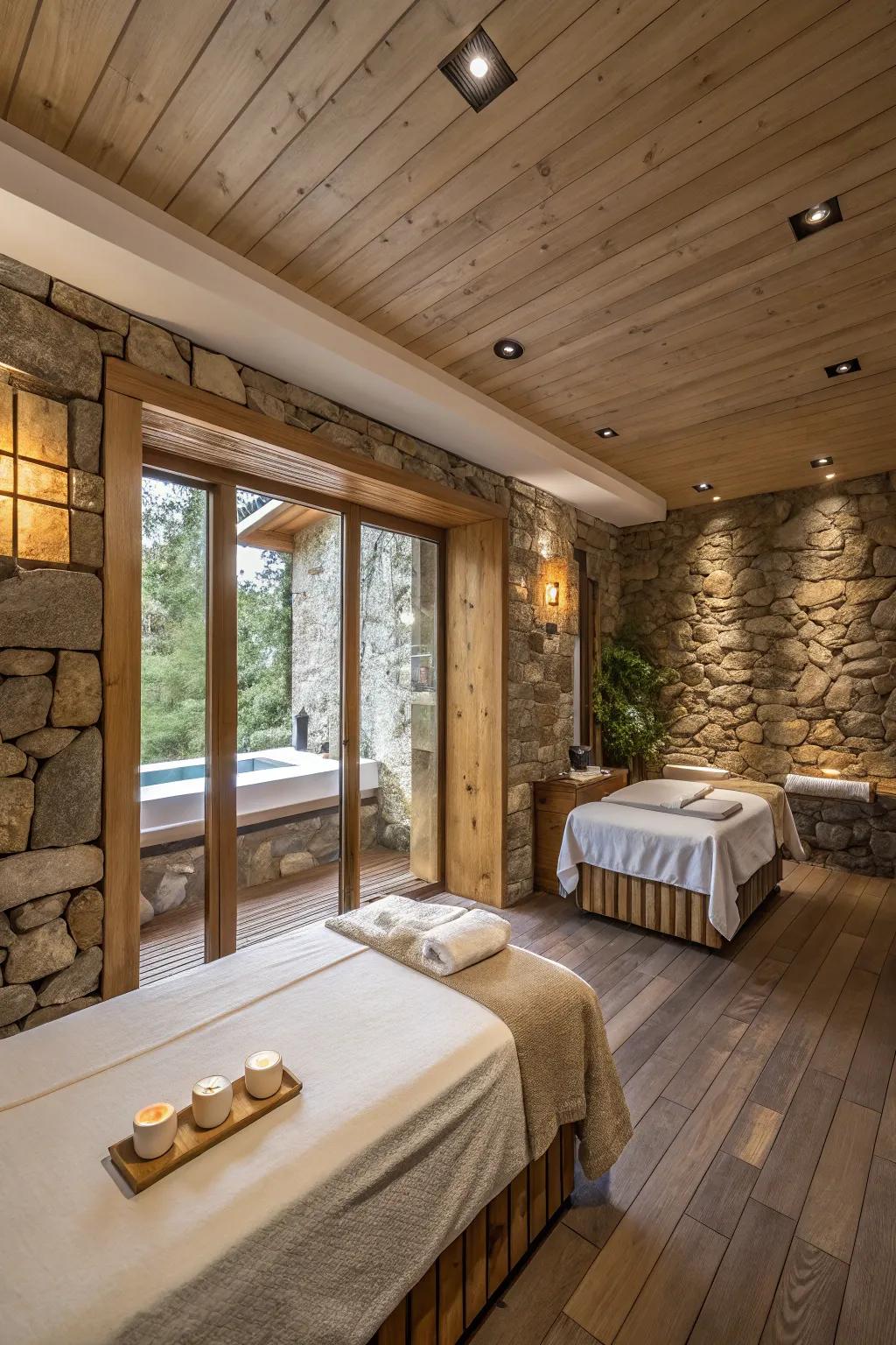 Contrasting textures in a spa room using timber and stone
