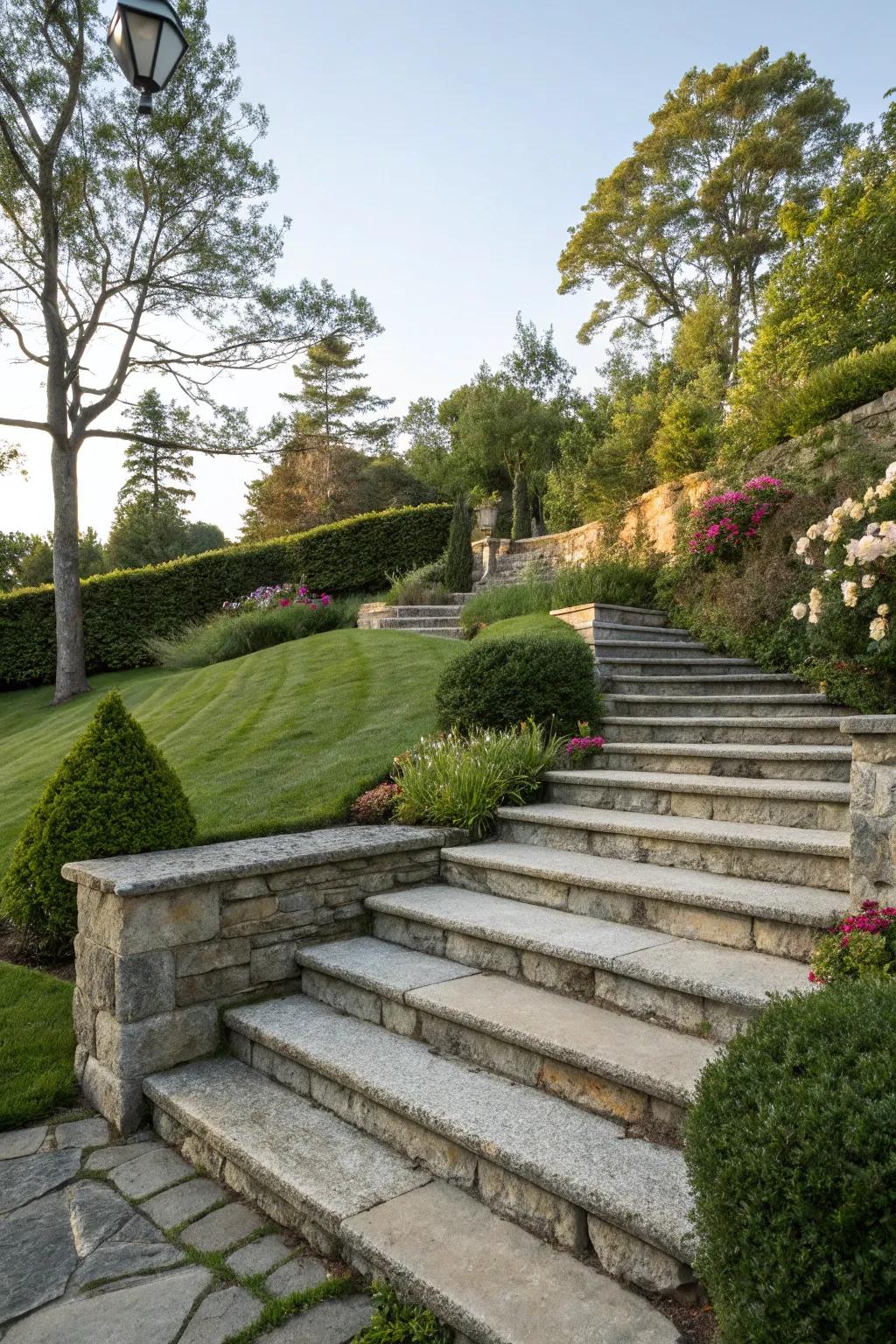 Functional and stylish rock steps on a garden slope.