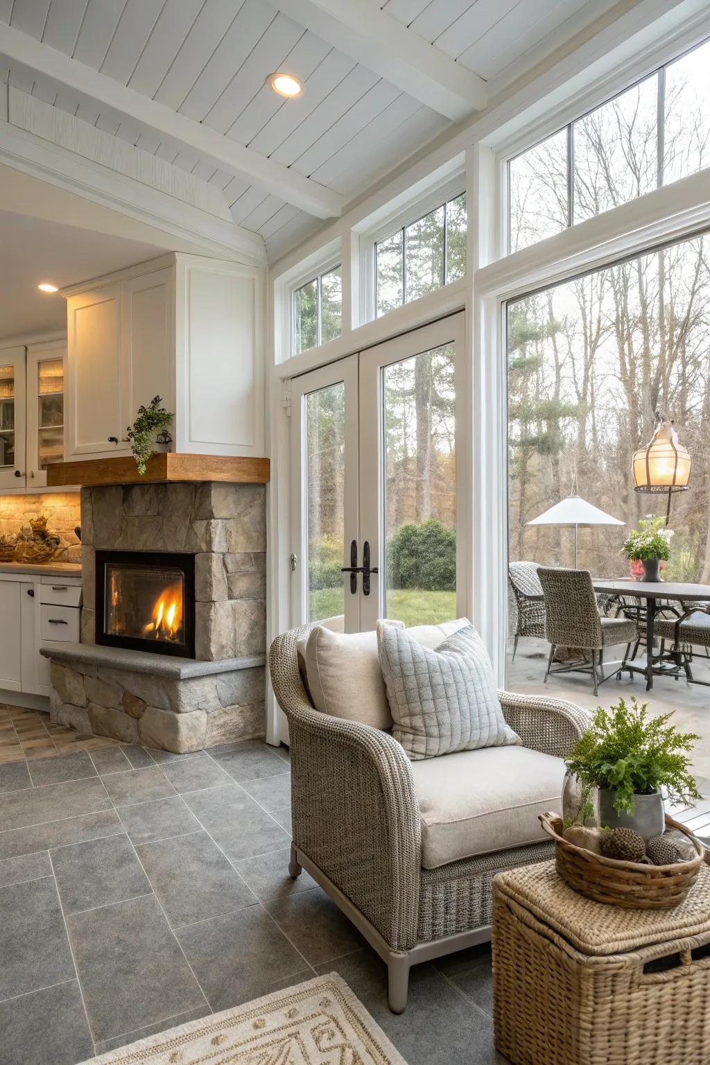 A fireplace adds a cozy ambiance.