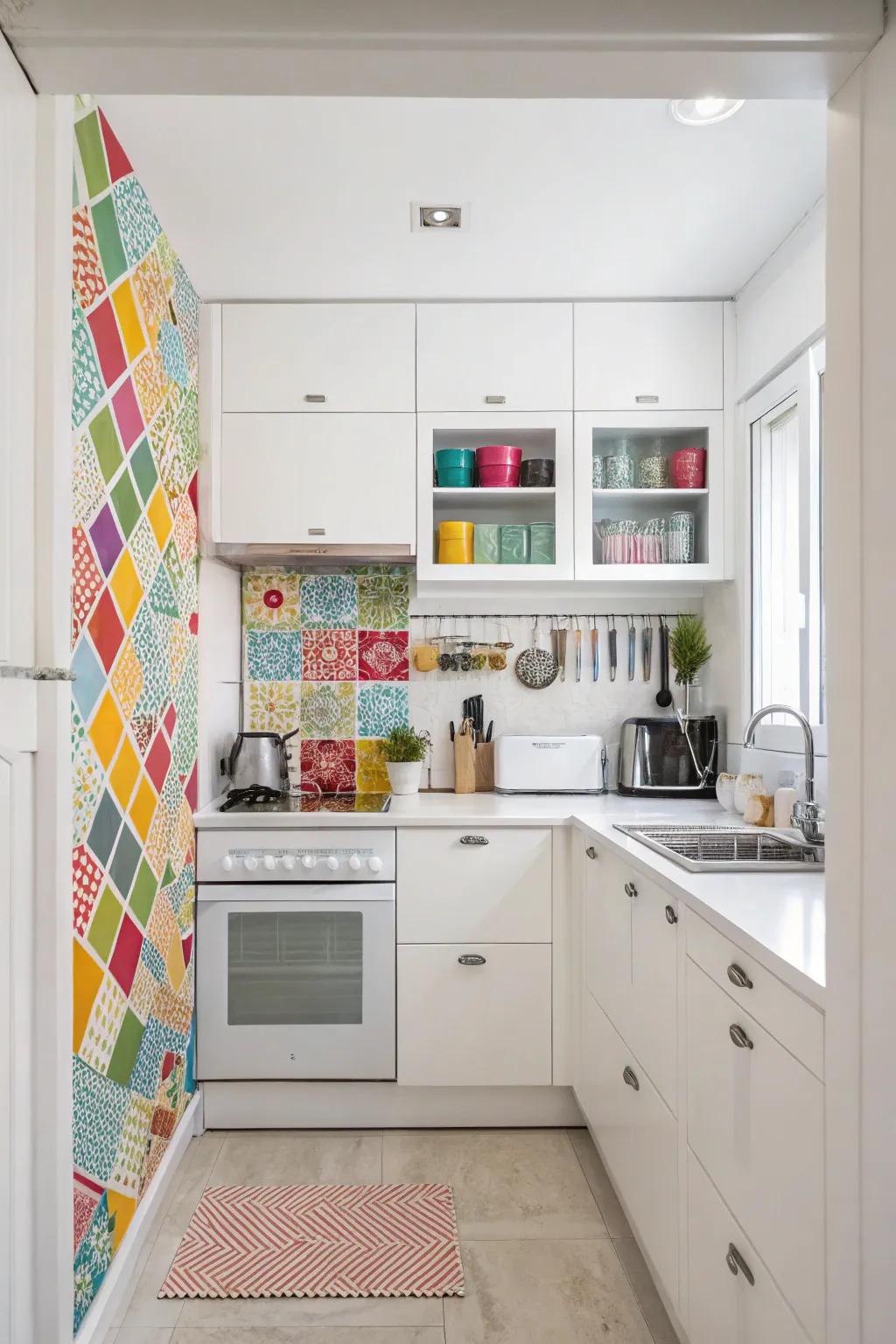 A color accent infuses individuality into a white kitchen.