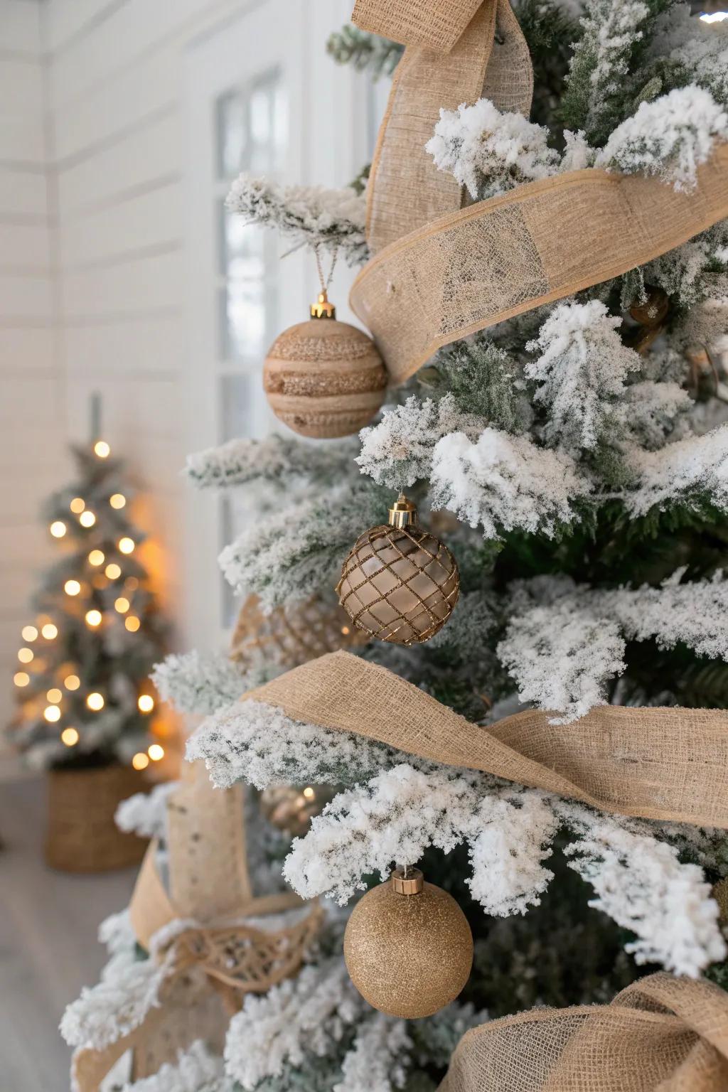 Rough cloth ribbons adding a rustic charm to a snowy Christmas tree.