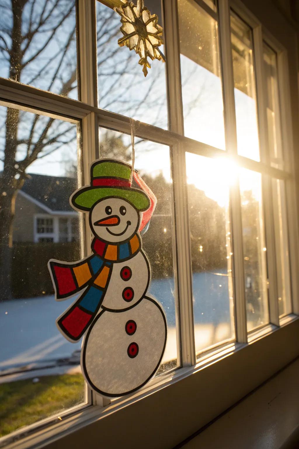 Snowman window clings add a playful touch to home decor.