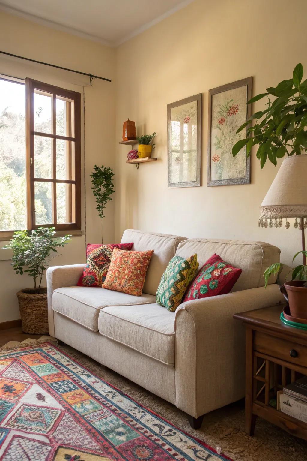 Bright accent pillows bring personality to a neutral sofa.