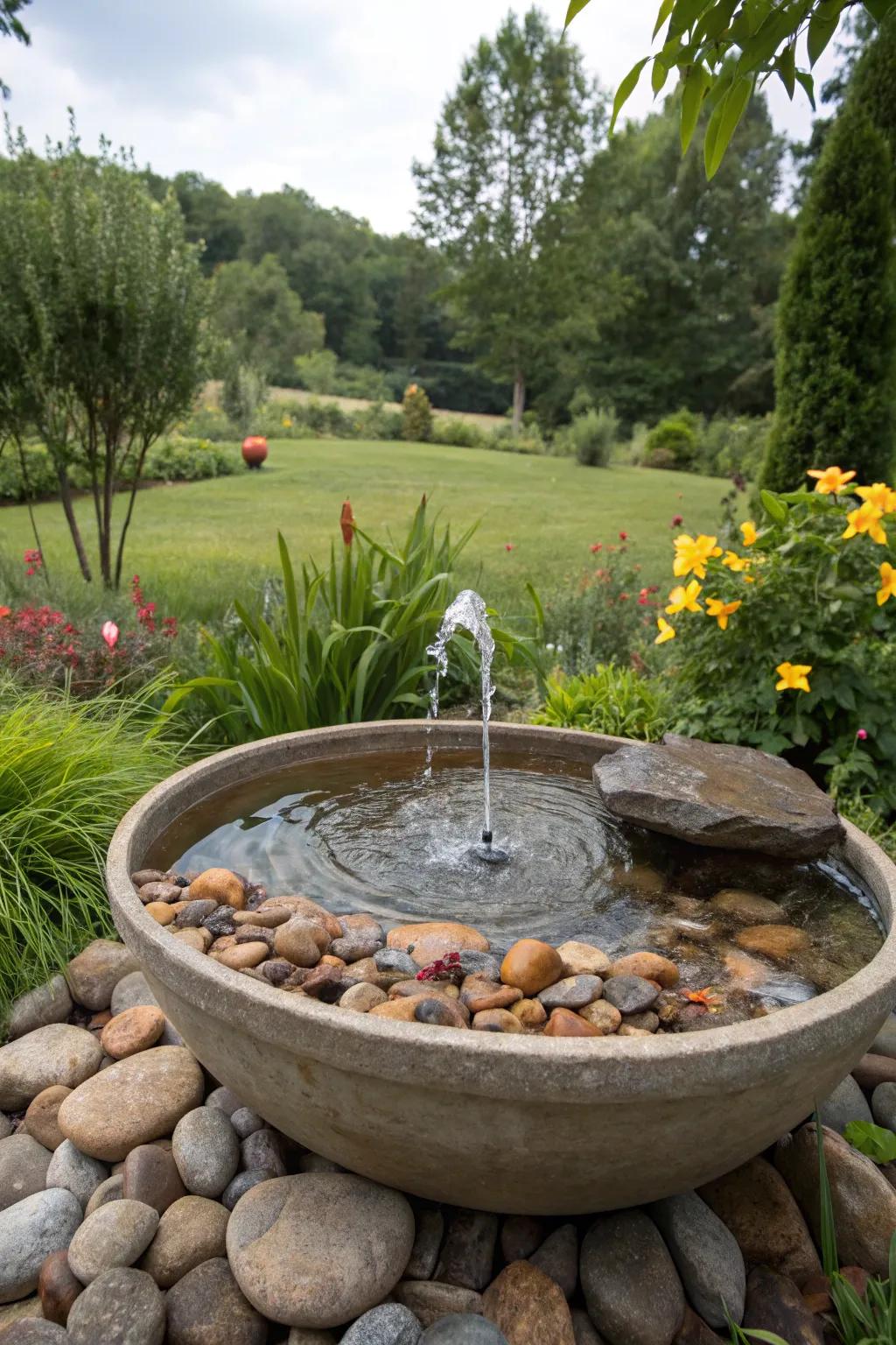 A natural-looking solar fountain nestled in a pebble-filled basin.