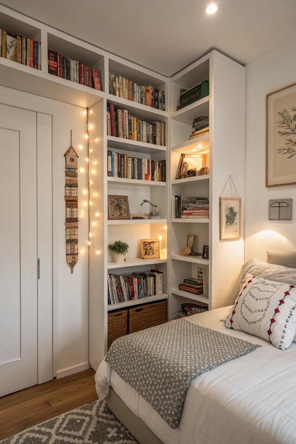 High shelves offer additional storage while enhancing the room's wall dimension.