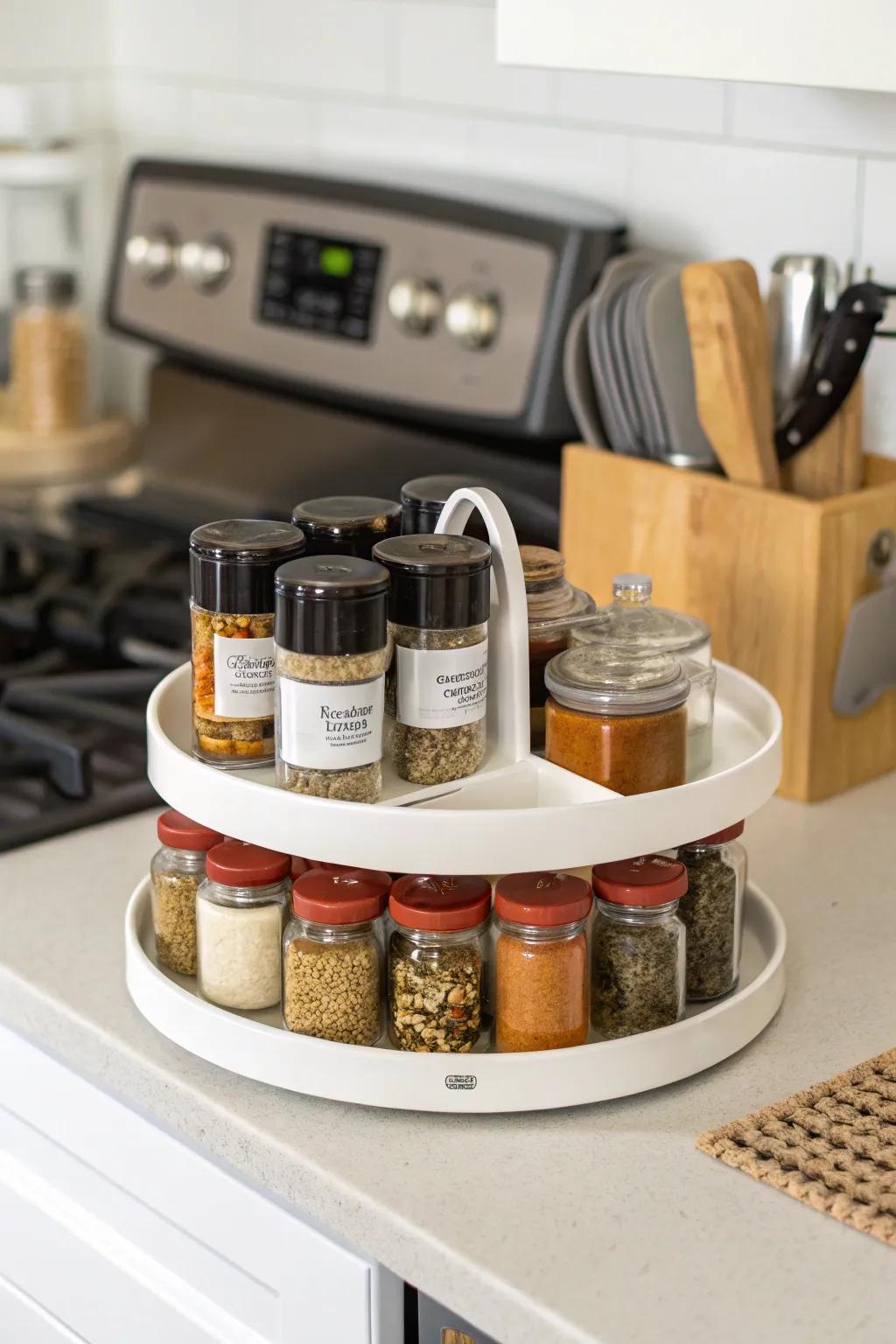 Spinning tray storage makes spice selection a breeze.
