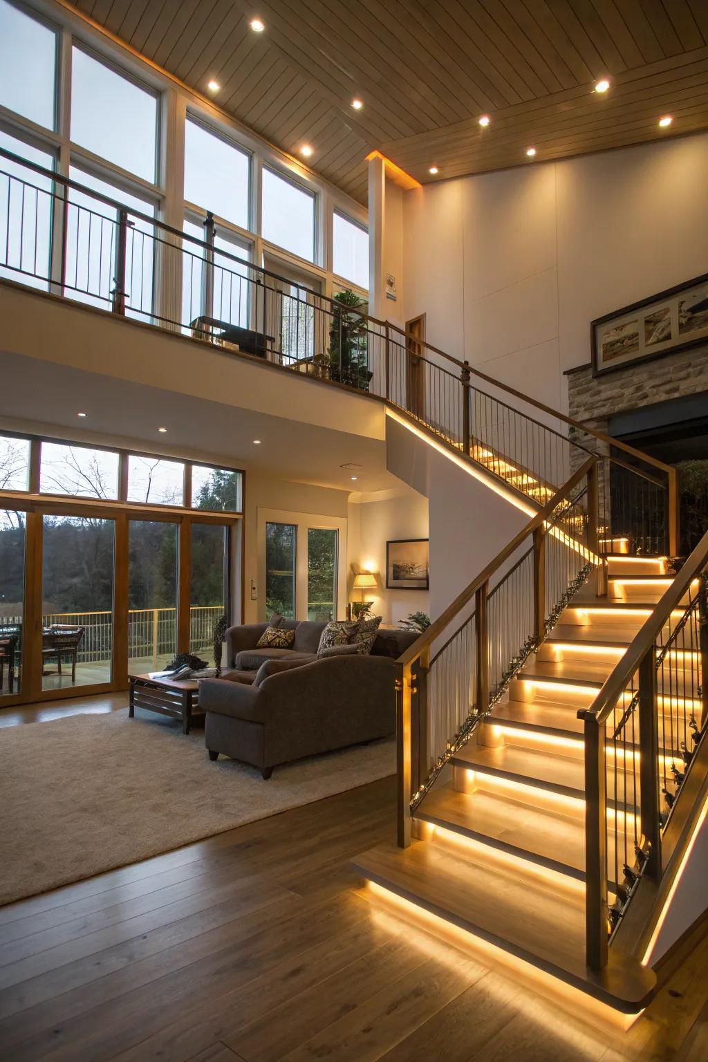 LED-lit railings create a magical ambiance in a split-level home.