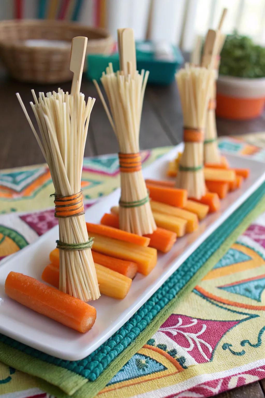 Broomstick carrot snacks sweeping up a healthy snack offering.